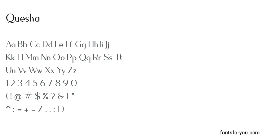 Czcionka Quesha – alfabet, cyfry, specjalne znaki