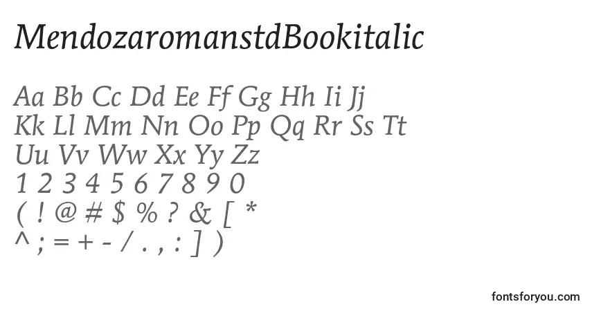 Шрифт MendozaromanstdBookitalic – алфавит, цифры, специальные символы