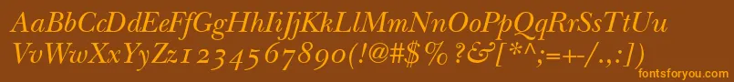 ItcNewBaskervilleItalicOldStyleFigures-Schriftart – Orangefarbene Schriften auf braunem Hintergrund
