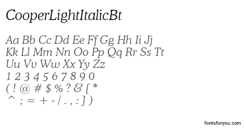 Шрифт CooperLightItalicBt – алфавит, цифры, специальные символы