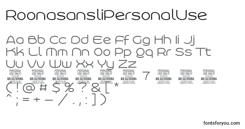 A fonte RoonasansliPersonalUse – alfabeto, números, caracteres especiais