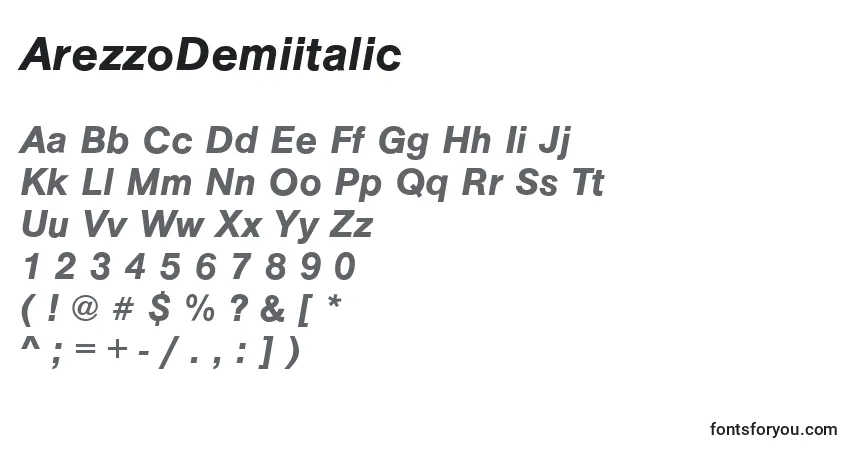 Czcionka ArezzoDemiitalic – alfabet, cyfry, specjalne znaki