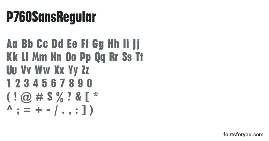 A fonte P760SansRegular – alfabeto, números, caracteres especiais