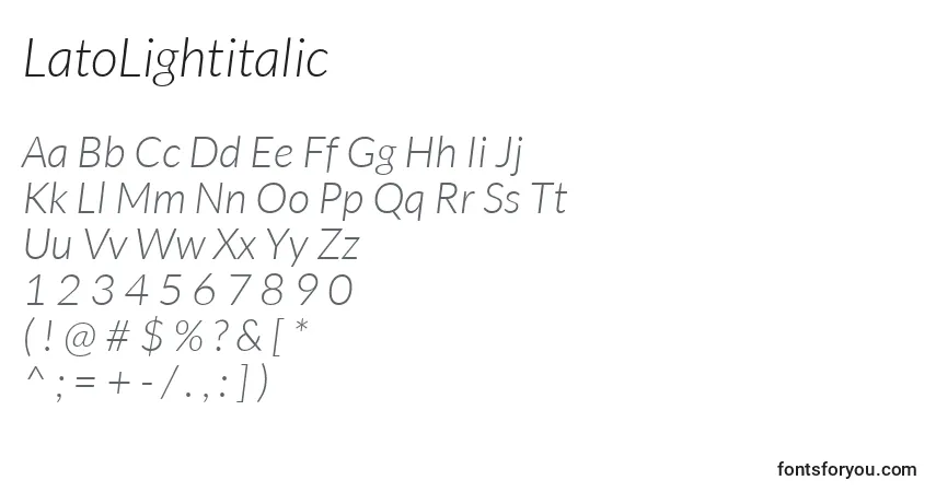 Шрифт LatoLightitalic – алфавит, цифры, специальные символы