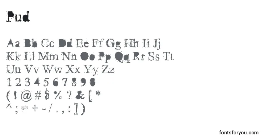 Schriftart Pud – Alphabet, Zahlen, spezielle Symbole