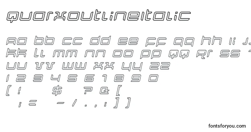 Шрифт QuarxOutlineItalic – алфавит, цифры, специальные символы