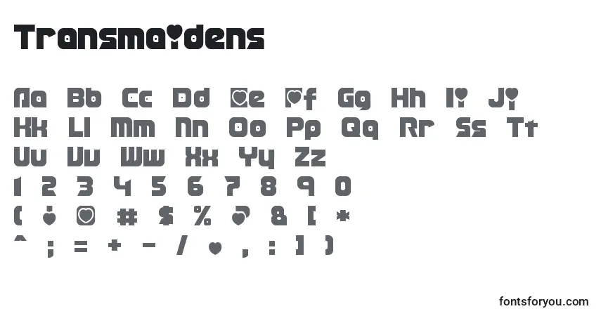 A fonte Transmaidens – alfabeto, números, caracteres especiais