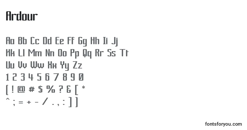 A fonte Ardour – alfabeto, números, caracteres especiais