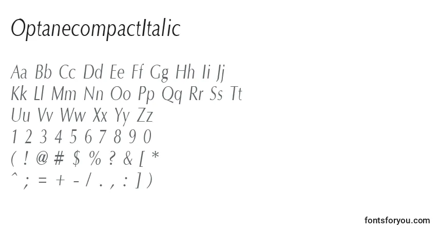 Czcionka OptanecompactItalic – alfabet, cyfry, specjalne znaki