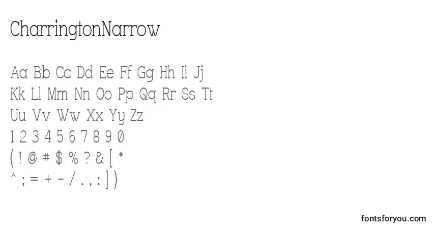 A fonte CharringtonNarrow – alfabeto, números, caracteres especiais