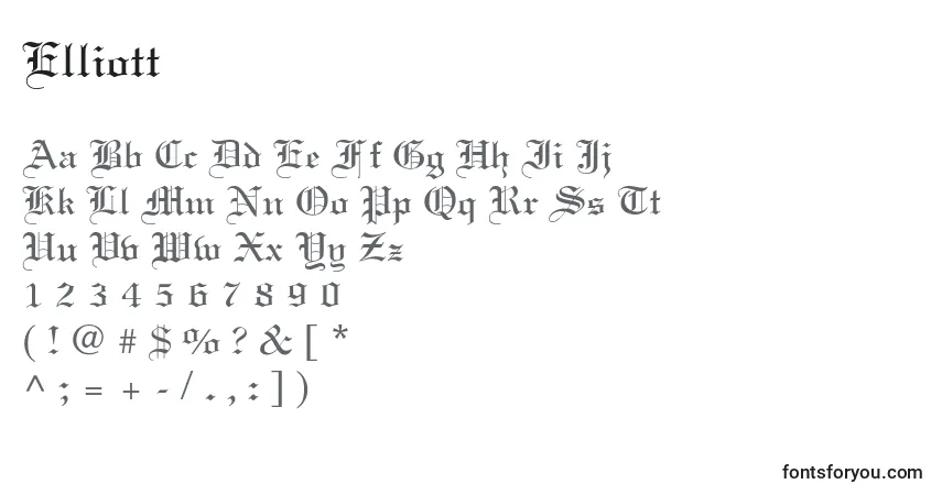 A fonte Elliott – alfabeto, números, caracteres especiais