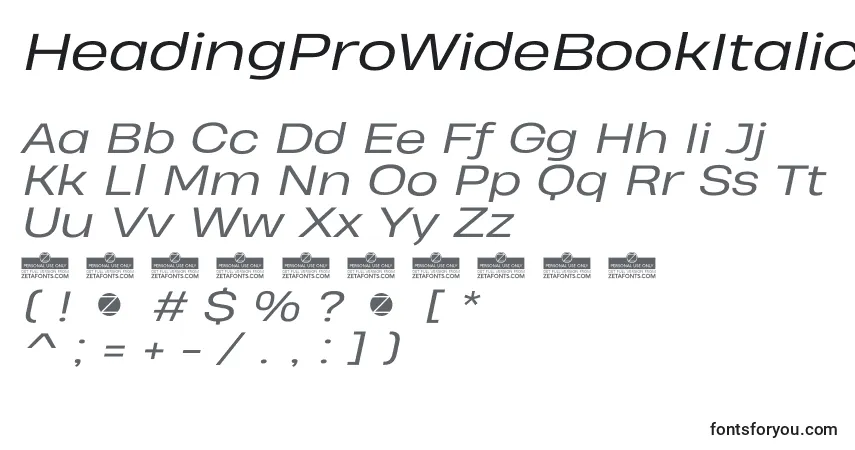 Шрифт HeadingProWideBookItalicTrial – алфавит, цифры, специальные символы