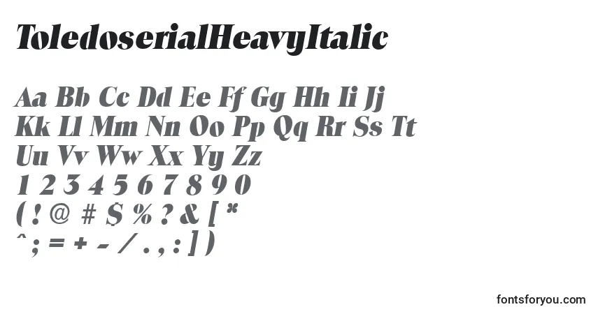 A fonte ToledoserialHeavyItalic – alfabeto, números, caracteres especiais