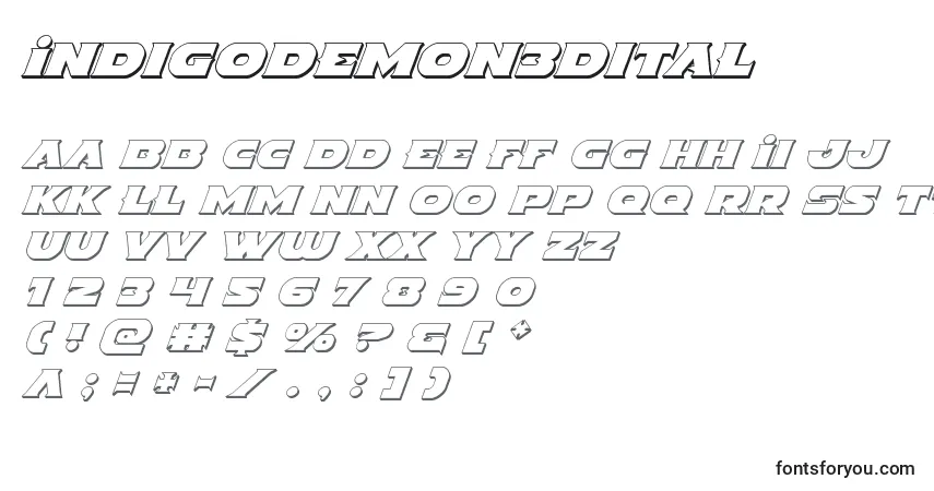 characters of indigodemon3dital font, letter of indigodemon3dital font, alphabet of  indigodemon3dital font