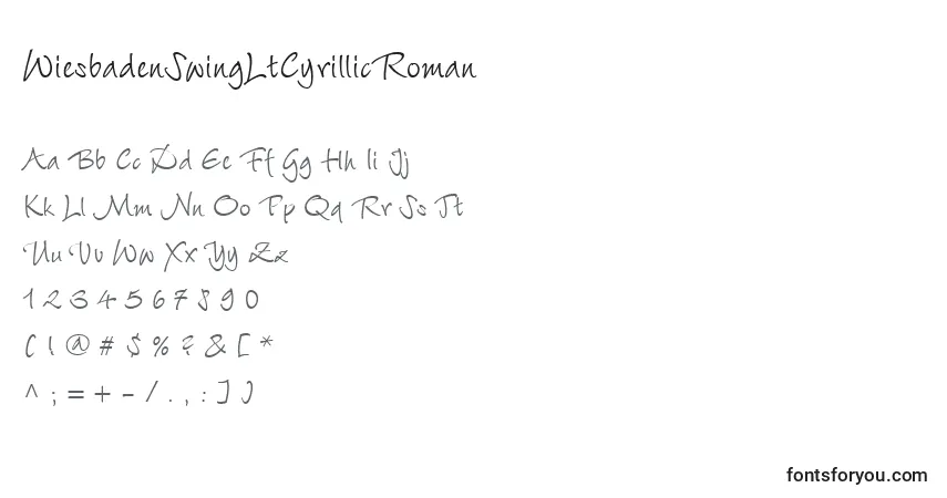 Czcionka WiesbadenSwingLtCyrillicRoman – alfabet, cyfry, specjalne znaki