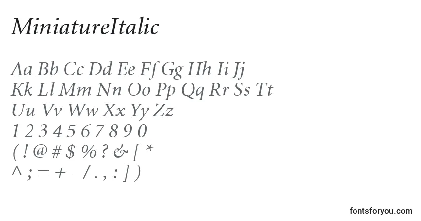 Шрифт MiniatureItalic – алфавит, цифры, специальные символы