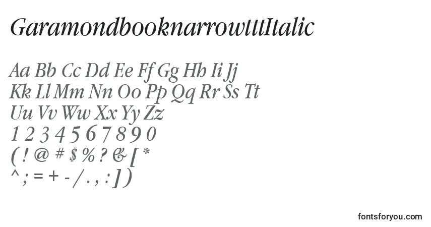 Шрифт GaramondbooknarrowtttItalic – алфавит, цифры, специальные символы