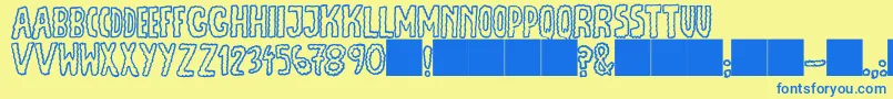 フォントJmhEscamasOut – 青い文字が黄色の背景にあります。