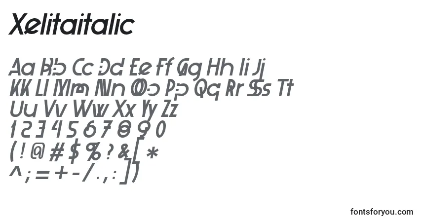 Czcionka Xelitaitalic – alfabet, cyfry, specjalne znaki