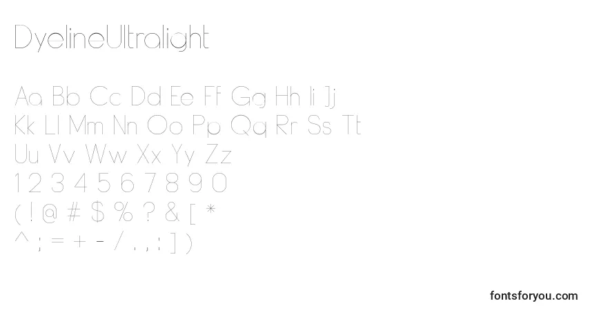 Schriftart DyelineUltralight – Alphabet, Zahlen, spezielle Symbole