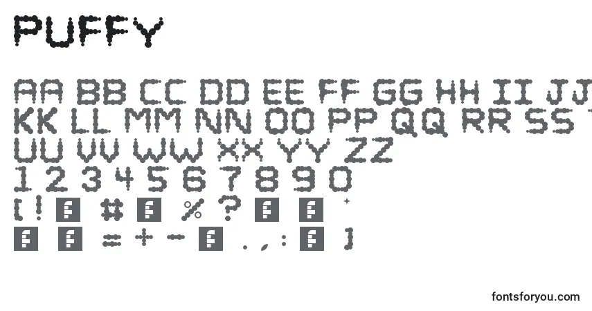 Schriftart Puffy – Alphabet, Zahlen, spezielle Symbole