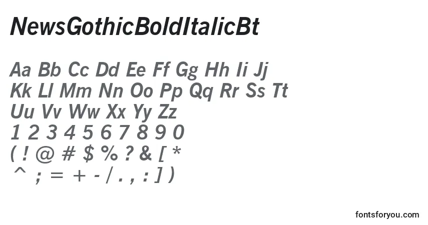 Шрифт NewsGothicBoldItalicBt – алфавит, цифры, специальные символы