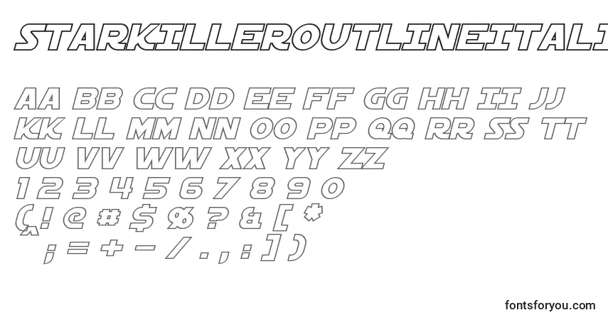 Czcionka StarkillerOutlineItalic – alfabet, cyfry, specjalne znaki