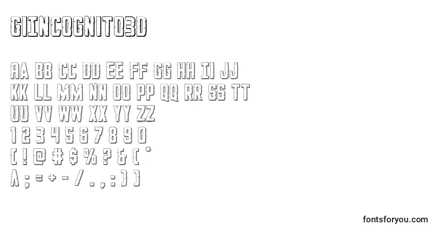 A fonte GiIncognito3D – alfabeto, números, caracteres especiais