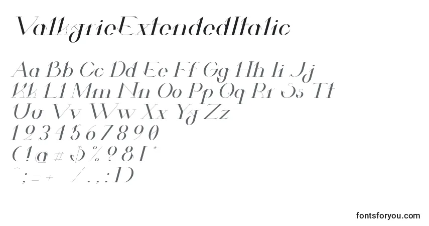 Шрифт ValkyrieExtendedItalic – алфавит, цифры, специальные символы