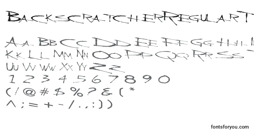 Czcionka BackscratcherRegularTtext – alfabet, cyfry, specjalne znaki