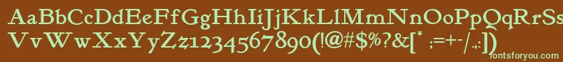 フォントKelmscottromannf – 緑色の文字が茶色の背景にあります。