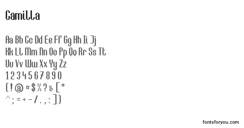 Czcionka Camilla – alfabet, cyfry, specjalne znaki