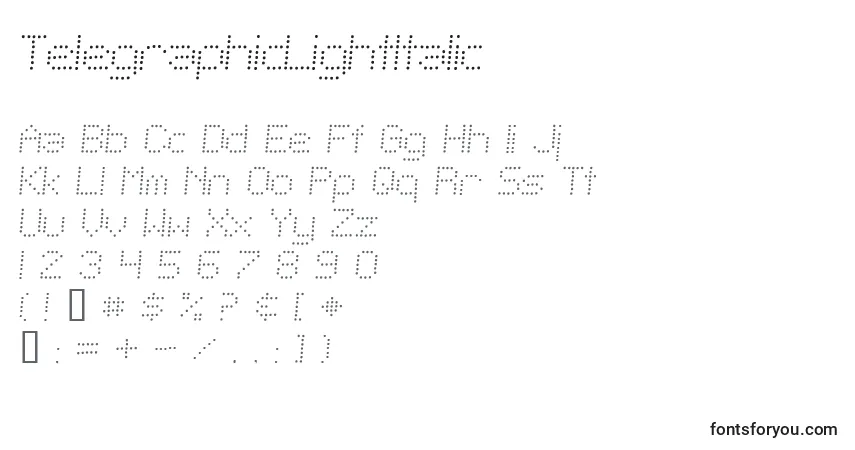 Czcionka TelegraphicLightItalic – alfabet, cyfry, specjalne znaki