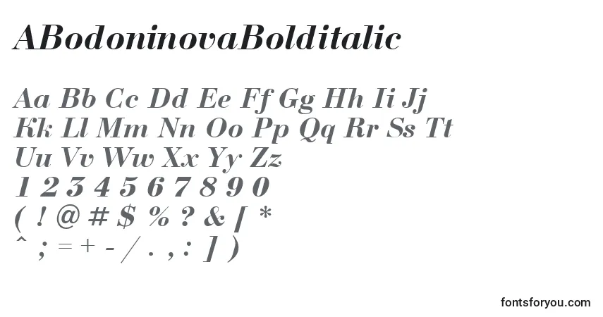 Czcionka ABodoninovaBolditalic – alfabet, cyfry, specjalne znaki