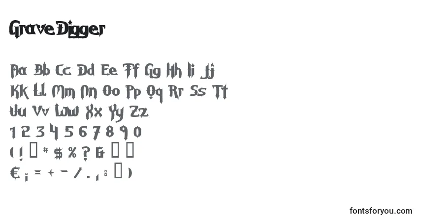Schriftart GraveDigger (67377) – Alphabet, Zahlen, spezielle Symbole