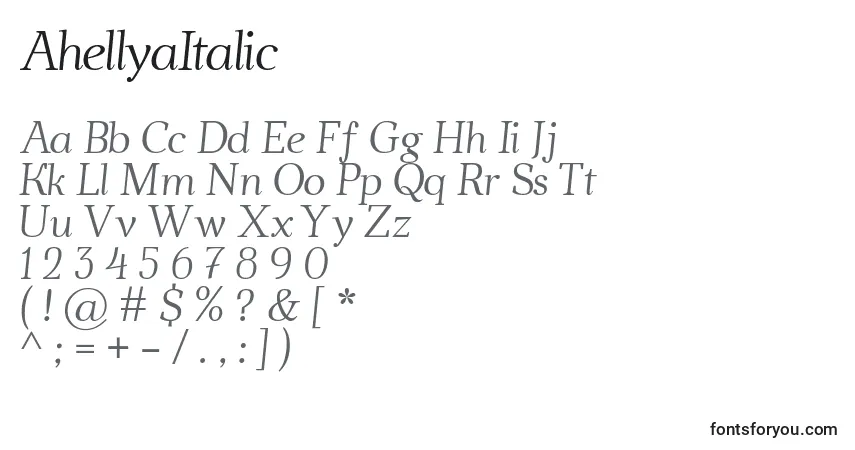 Schriftart AhellyaItalic – Alphabet, Zahlen, spezielle Symbole