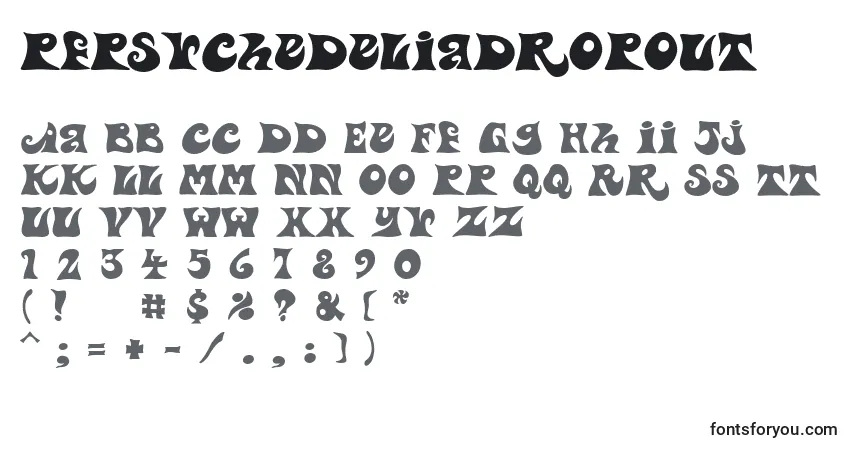 Czcionka PfpsychedeliaDropout – alfabet, cyfry, specjalne znaki