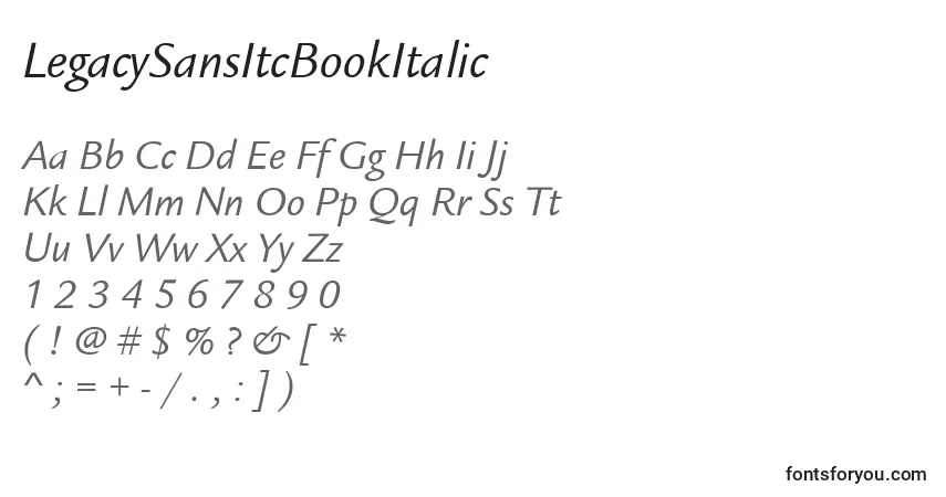 Czcionka LegacySansItcBookItalic – alfabet, cyfry, specjalne znaki