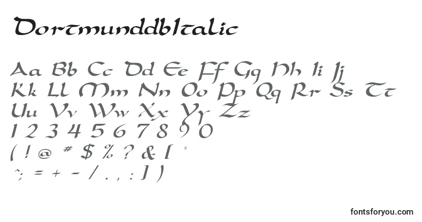 Schriftart DortmunddbItalic – Alphabet, Zahlen, spezielle Symbole
