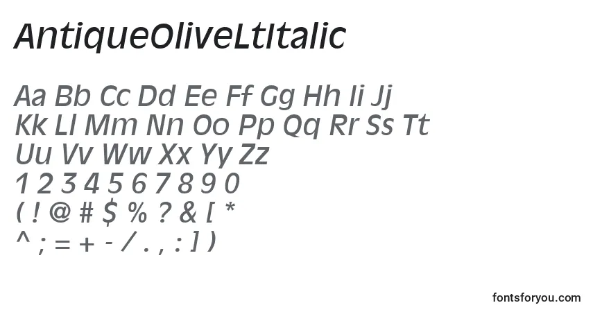 AntiqueOliveLtItalic-fontti – aakkoset, numerot, erikoismerkit