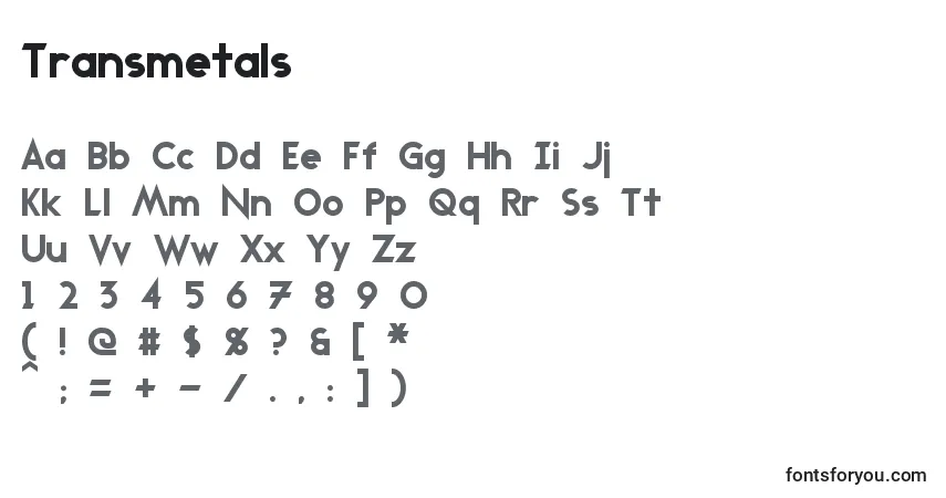Czcionka Transmetals – alfabet, cyfry, specjalne znaki
