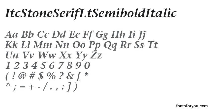Czcionka ItcStoneSerifLtSemiboldItalic – alfabet, cyfry, specjalne znaki
