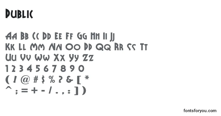 Czcionka Public – alfabet, cyfry, specjalne znaki