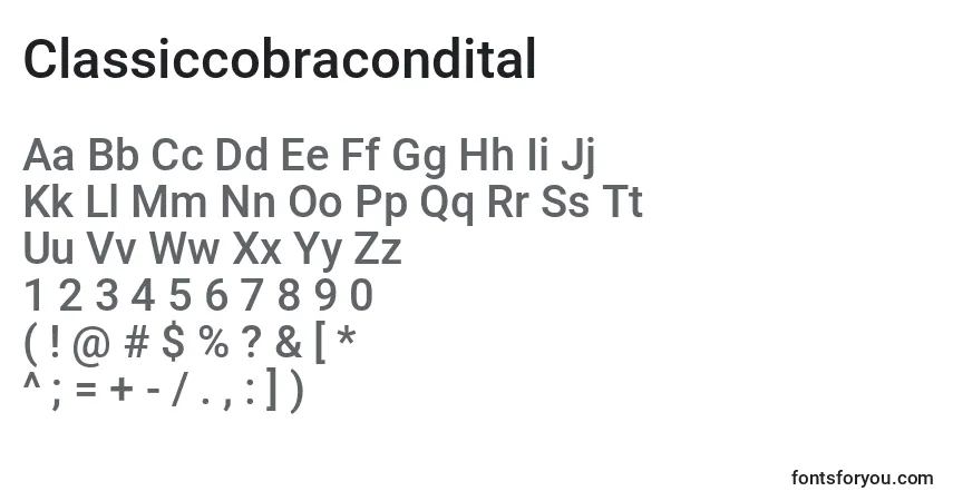 A fonte Classiccobracondital – alfabeto, números, caracteres especiais