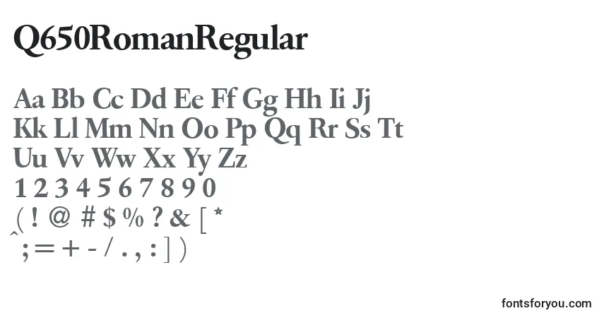 Czcionka Q650RomanRegular – alfabet, cyfry, specjalne znaki