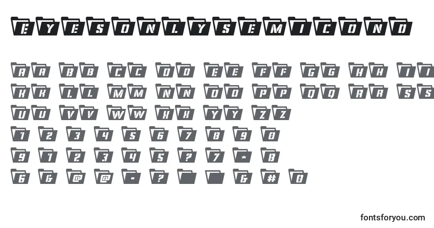 Czcionka Eyesonlysemicond – alfabet, cyfry, specjalne znaki