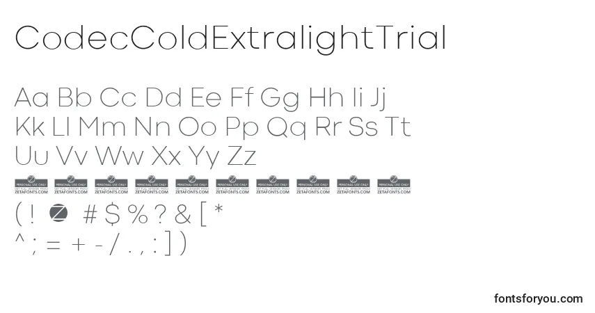 A fonte CodecColdExtralightTrial – alfabeto, números, caracteres especiais