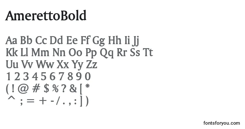 A fonte AmerettoBold – alfabeto, números, caracteres especiais