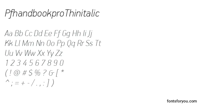 Шрифт PfhandbookproThinitalic – алфавит, цифры, специальные символы