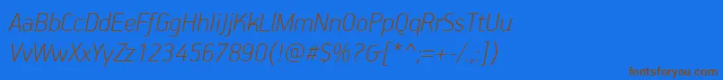 フォントPfhandbookproThinitalic – 茶色の文字が青い背景にあります。